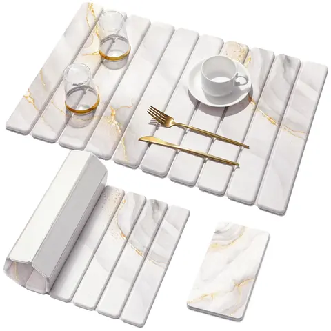 2 PCS Diatomite Kitchenware Dish Drying Mats (24"×16", 8"×4") - Elegant Marble, Heat Resistant, Anti-Burn Placemats & Coasters, Safe Quick-Dry Water-Absorbing Pads for Countertop Cups Bottles, White Gold