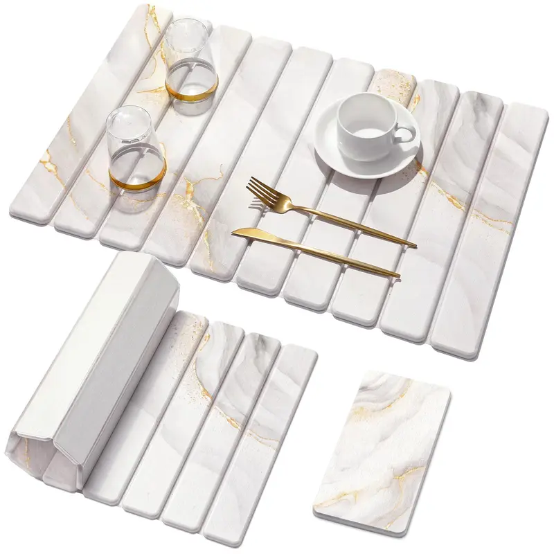 2 PCS Diatomite Kitchenware Dish Drying Mats (24"×16", 8"×4") - Elegant Marble, Heat Resistant, Anti-Burn Placemats & Coasters, Safe Quick-Dry Water-Absorbing Pads for Countertop Cups Bottles, White Gold