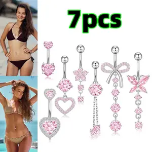 7 pcs Stainless Steel Cute Bow Butterfly Heart Belly Button ring summer Dainty Dangly Navel Ring Dangle Belly Button Piercing Jewelry For Women Beauty & Personal Care