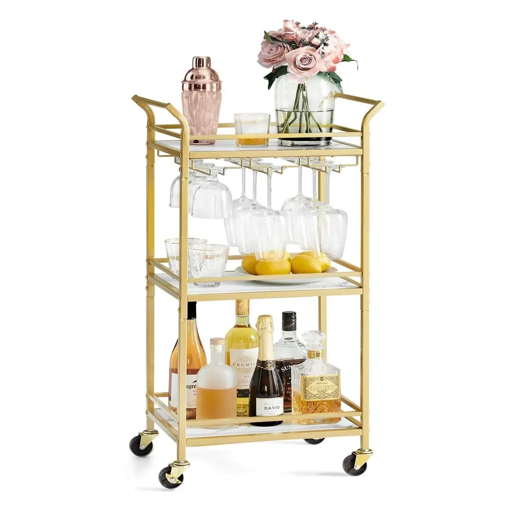 VASAGLE Bar Cart, Home Bar Serving Cart with 3 Tiers, Kitchen Shelf with Wine Rack, Glass Holders, for Small Spaces, Dining Room, Living Room