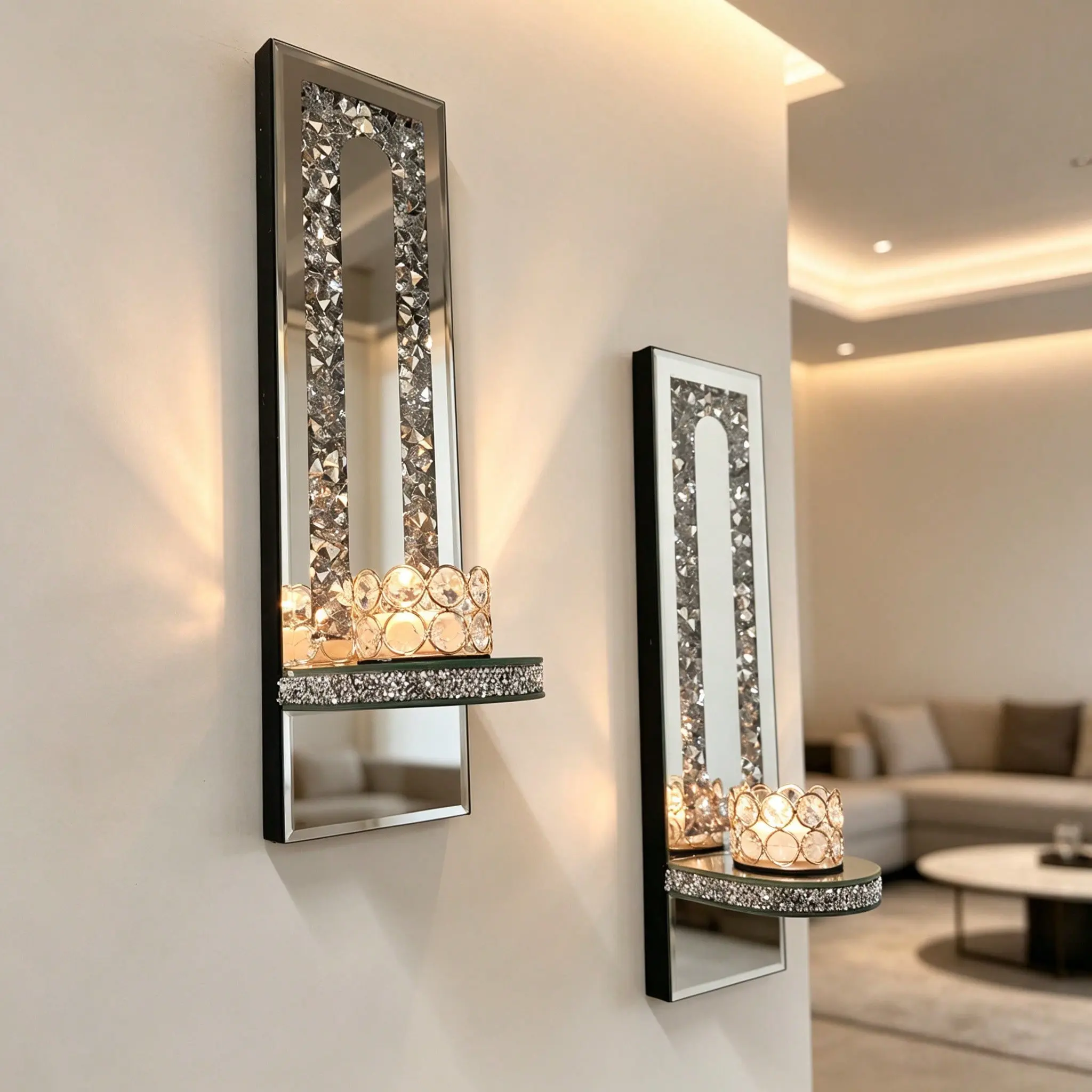 2-Piece Crystal Bow Mirror Wall Candle Holders Set - Casual Interior Decoration Accessories, Home Decor Items for Engagement & Party Wall Sconces