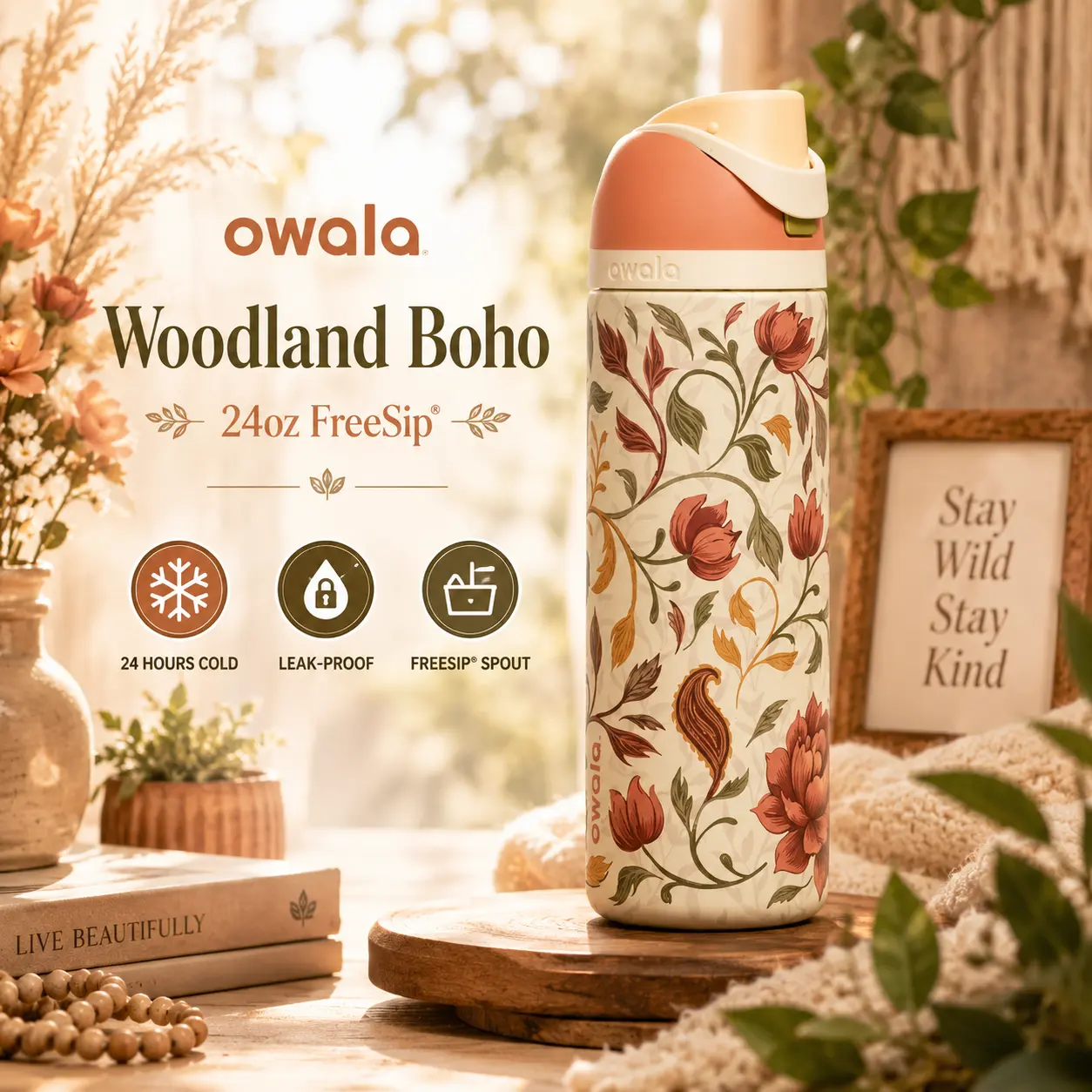 Owala Woodland Boho FreeSip 24oz Water Bottle Leakproof Insulated Stainless Steel Reusable Travel Bottle Gift for Women