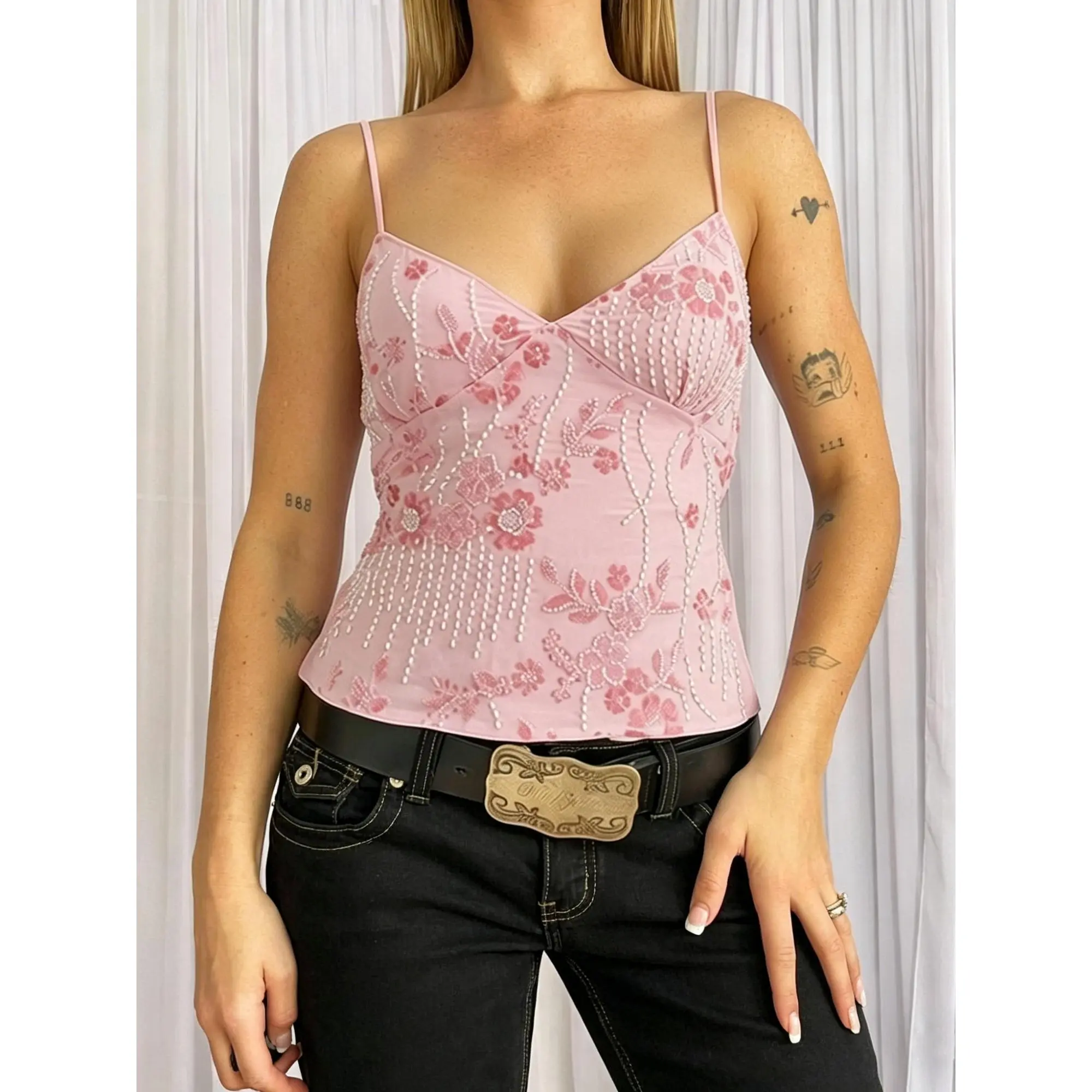 y2k Tops for Women Sequins Beaded Flower Embroidery V Neck Sleeveless Camisole Tanks Clubwear