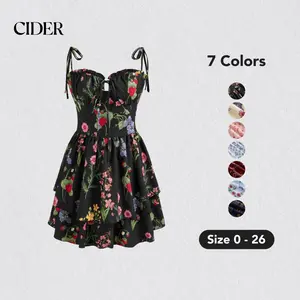 Cider Women's Lightweight Floral A-Line Dress with Adjustable Bust Tie-Front, Puff & Off-Shoulder Sleeves, Stretchy Back Design, Spring Summer Dresses for Women, Plus & Standard Sizes