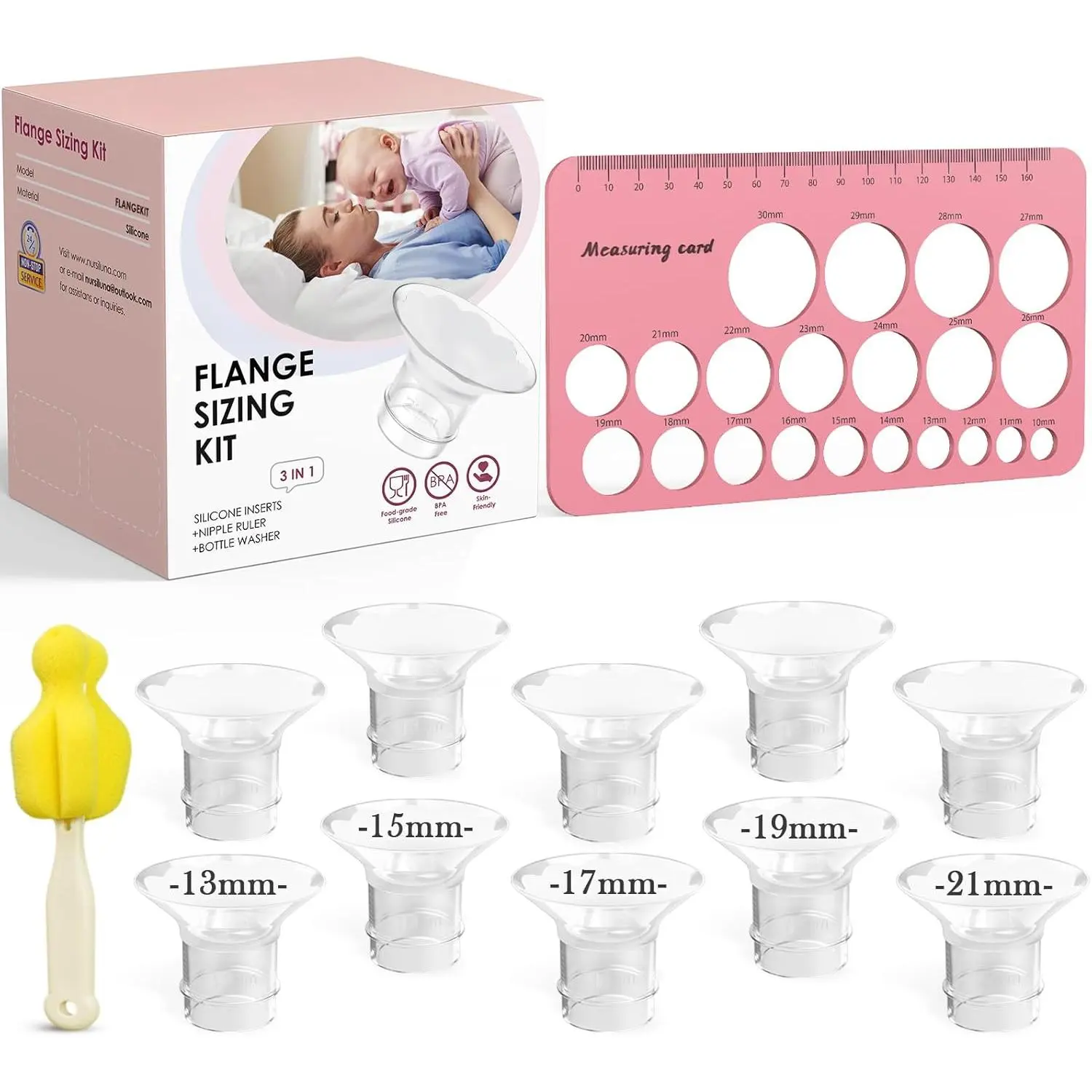 Flange Sizing Kit 3 in 1 with 10PCS Flange Inserts 13/15/17/19/21mm, Silicone Breast Pump Flanges Insert Kit for 24mm Electric Breast Pump, Pumping Breastfeeding Essentials Kit for Mom