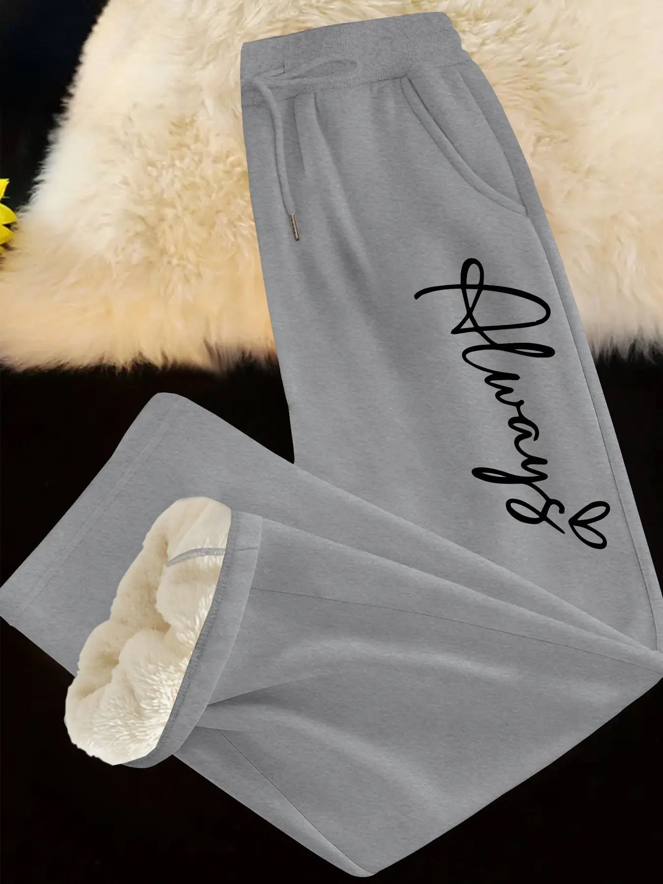 Women's Fleece Lined Thick Long Pants, Always Letter Print, Lamb Wool Inner Warmth, Casual Fit Fall & Winter Wear, Drawstring Waist