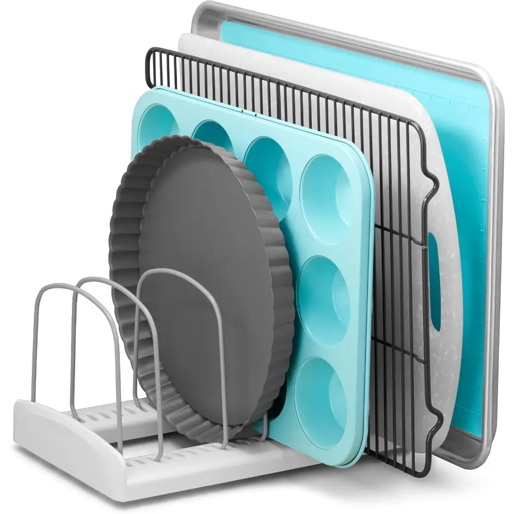 Adjustable 1-Layer Steel-Plastic Bakeware Rack - Home Supplies Storage Organizer for Cookie Sheets, Baking Pans, Cabinet/Pantry Use (11.5” W x 7.3” D x 6.3” H, Standard Size), Coated Steel Dividers