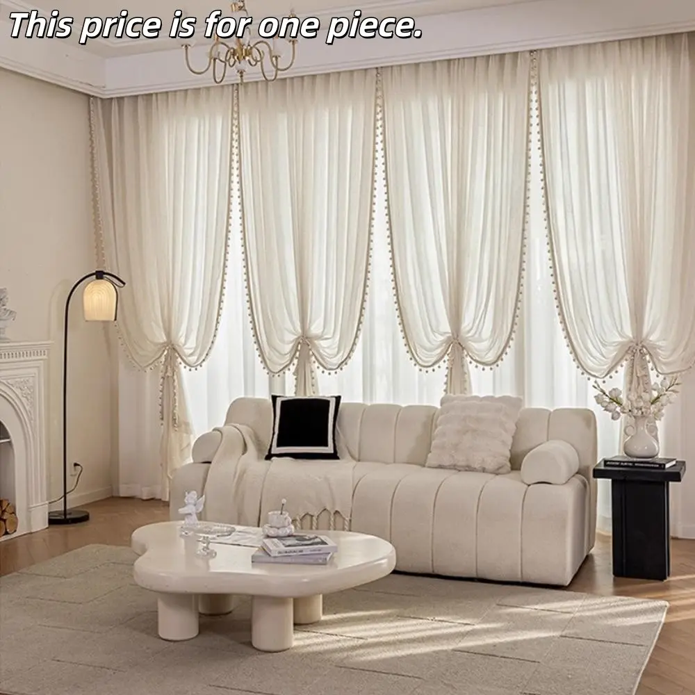 1PC Cream Linen Balcony Curtain with Fringe, French Vintage Embroidered Window Shade, Finished Curtains Home Decoration Curtain Room Decor Curtain for Bedroom Living Room Kids' Room