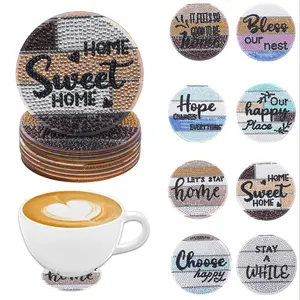 English Pattern Wooden Coaster, 8pcs/set DIY Diamond Arts Colorful Painting Coaster, Diamond Painting Coasters, Decorative Table Mat for Coffee Cup, Office, Kitchen and Restaurant, Kitchen Decorative Placemat