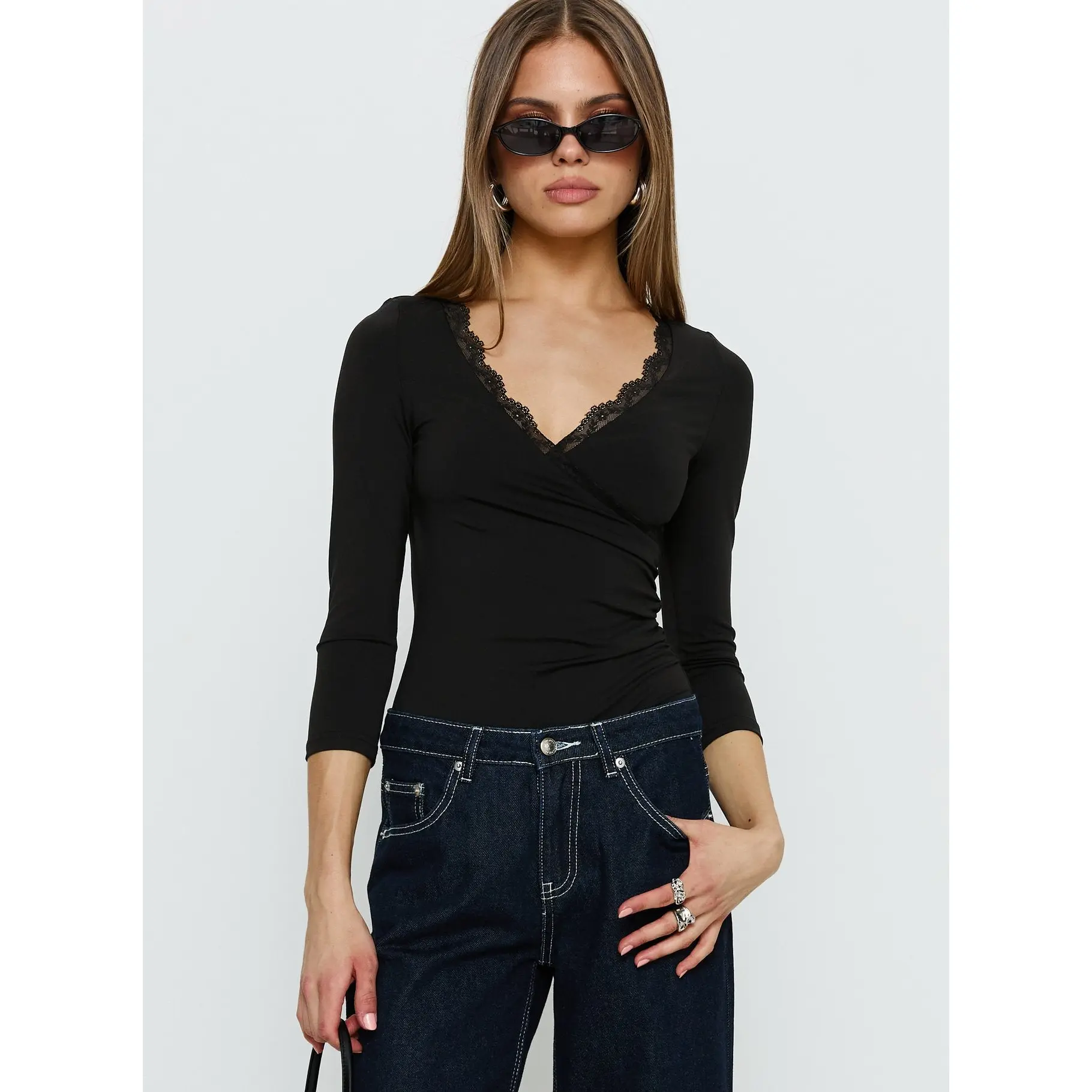 Lyselle Wrap Detail 3/4 Sleeve Bodysuit Black