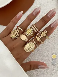 10 Pcs Set Virgin Mary Cross Rings, Retro Rhinestone Geometric Gold/Silver Layered Stackable Stacking Rings Unisex for Daily Wear — A Perfect Gift for Men & Women Featuring Adjustable Openings on Select Rings, Fashionable Jewelry Accessories