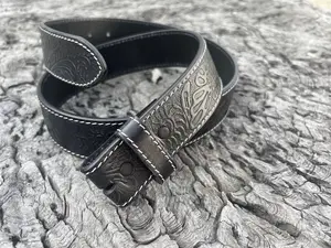 Black Tooled Leather Snap Belt Strap - 100% Full Grain Western Style - Cow Hide - Removable belt strap - Cool Gifts for Him - Men - Floral