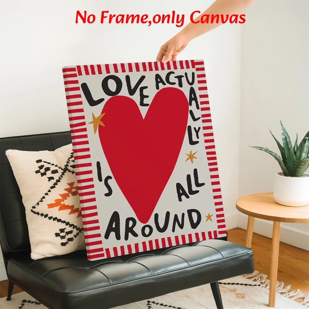 Modern Wall Art, Love Actually Is All Around Heart Poster, Playful Hand-Drawn Printing, Red White Canvas Decoration, Living Room & Bedroom Aesthetic, Perfect Housewarming Gift, Framed