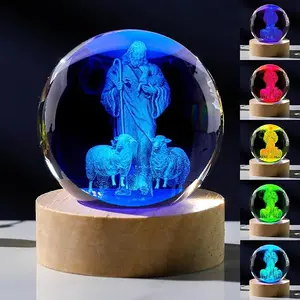The Good Shepherd 3D Laser Engraved Crystal Ball – 6cm (2.36") Glass Sphere on Wooden Stand – Symbol of Guidance & Protection – Rustic Farmhouse Decor – Premium Gift Box Included