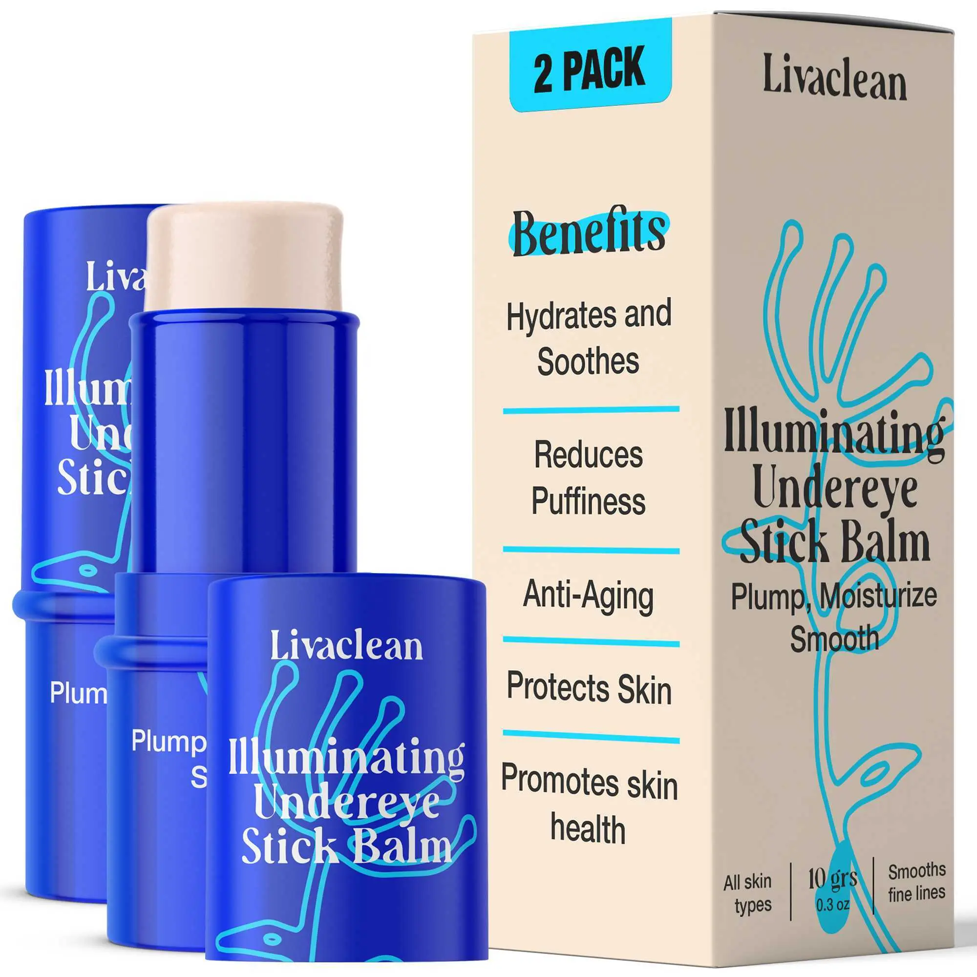 LivaClean Illuminating Under Eye Balm Stick 2 Pack 10g w Retinol Aloe Vera Vitamin E Hydrates Soothes Reduces Puffiness Dark Circles Korean Skincare Eye Cream Moisturizer Eye Cream Set