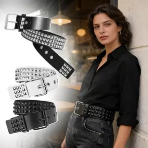 Pack Of 3 Women Double Grommet Studded Belts, Punk Belt for Man Women Belt for Jeans Shorts,Metal Pyramid Cool Belts