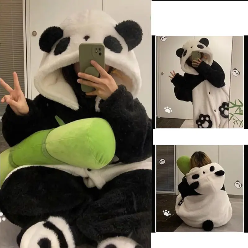 SnuggleUp Cozy Panda Hooded Wearable Blanket - Polyester Flannel Ultra-Soft Hoodie with Sleeves, Thick Plush Long Robe, Machine Washable for Autumn/Winter Home Comfort Use