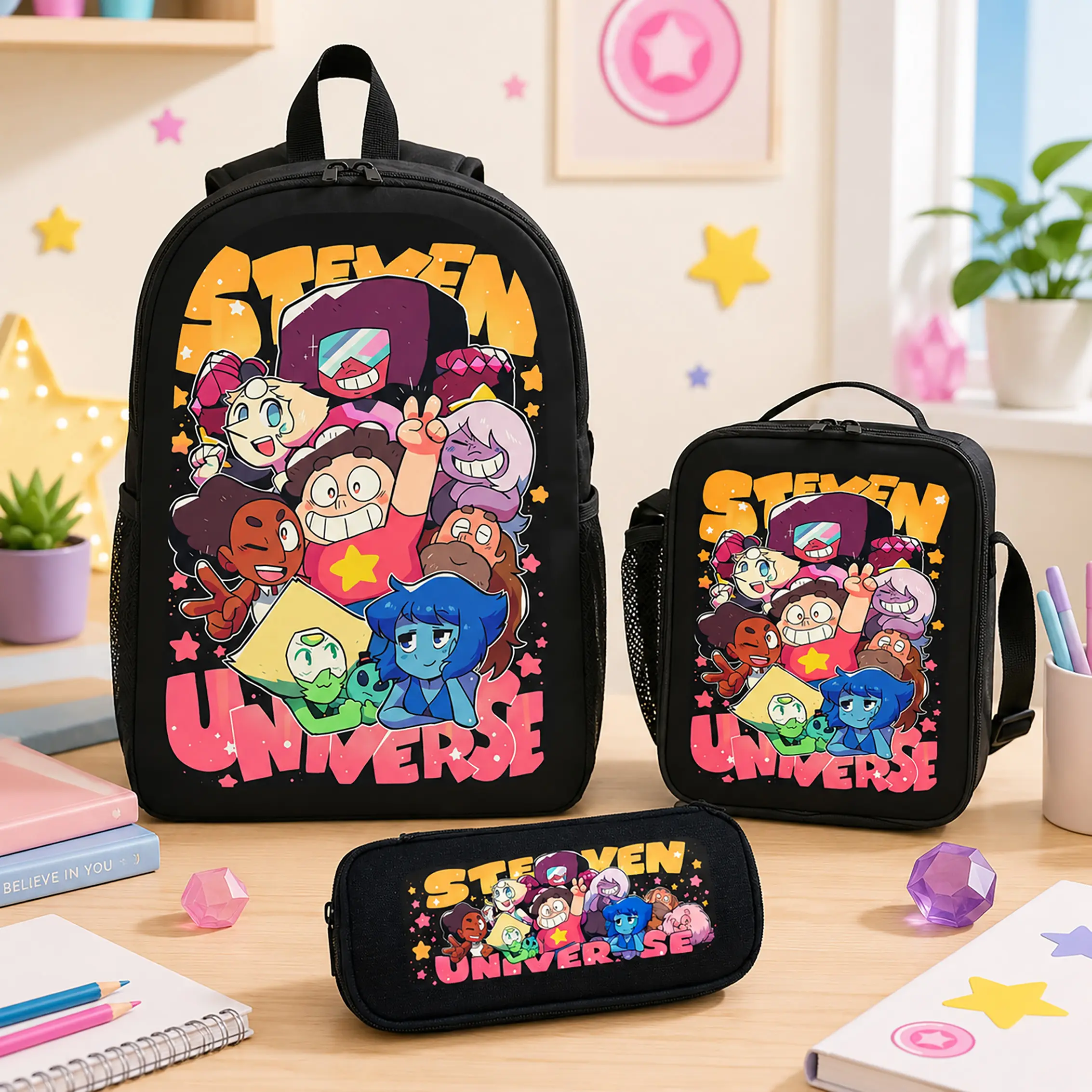 Steven Universe Backpack Set Polyester Backpack Lunch Bag Pencil Case Bookbag Back To School Travel Daily Carry Kids Teens Boys Girls Students Cartoon Anime Merch Fan Gift Lightweight Durable Cute Kawaii Aesthetic Book Bag TikTok Viral Trending