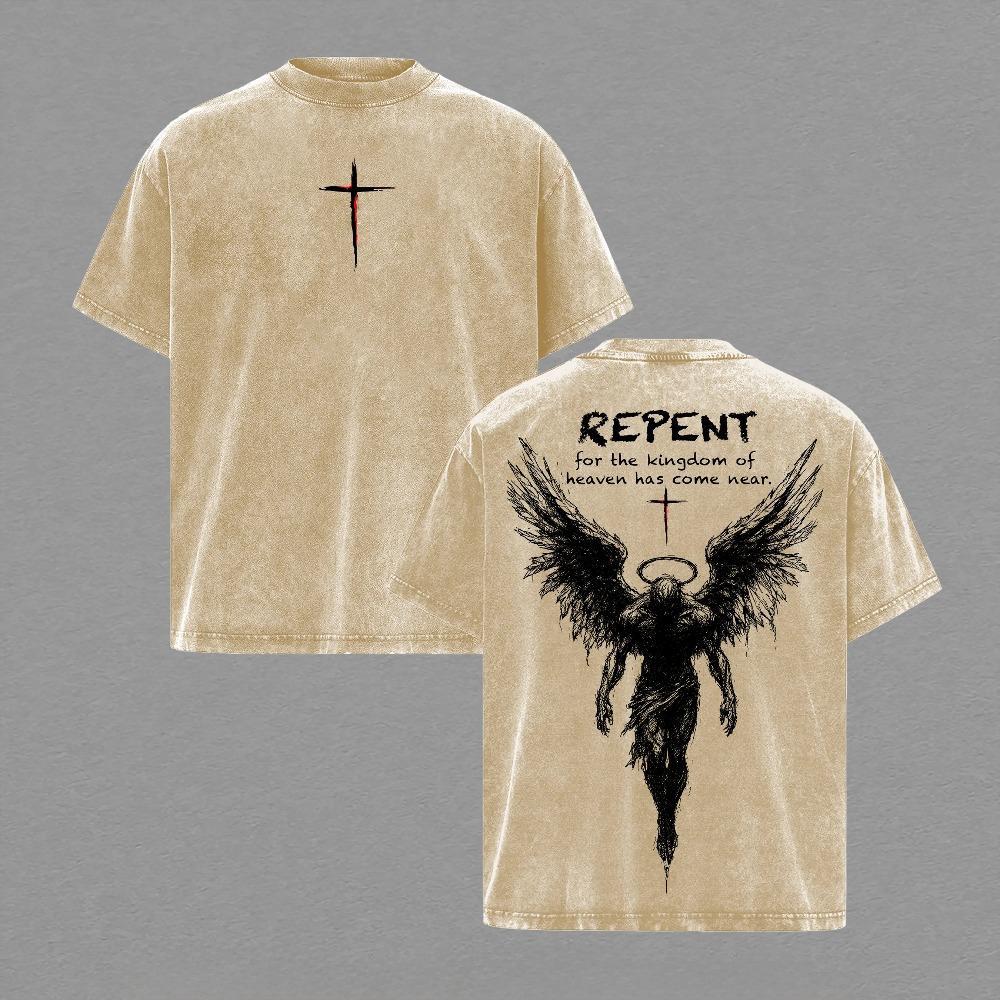 Repent Vintage Washed Oversized Christian T-Shirt, Angel Wings Faith Graphic Tee,“Kingdom of Heaven Has Come Near”Gospel Streetwear Top,Heavy Cotton Unisex Retro Worship Shirt