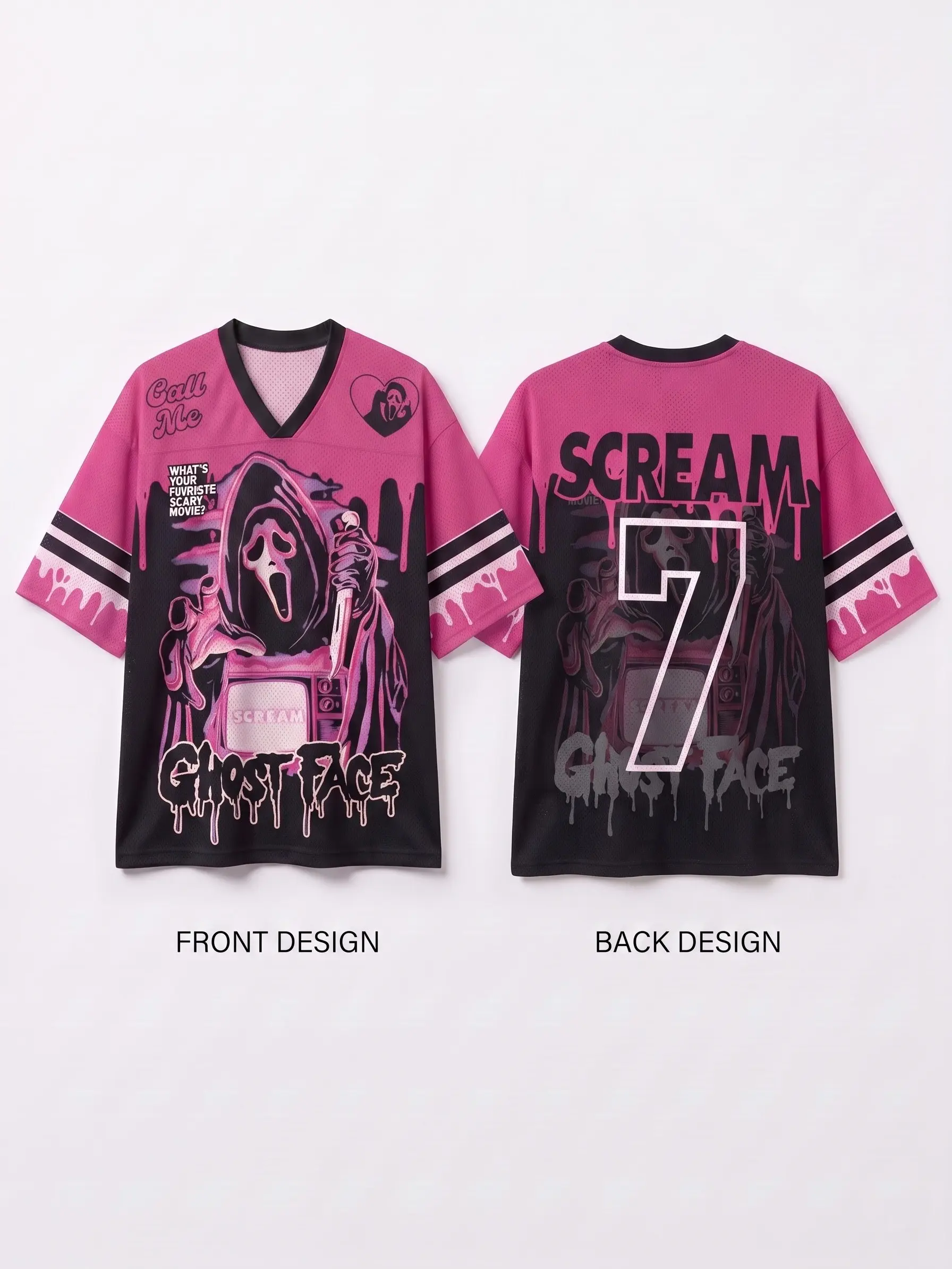 Pink Ghostface Scream Mesh Football Jersey Hot Pink Horror Movie Oversized Blockcore Streetwear Shirt