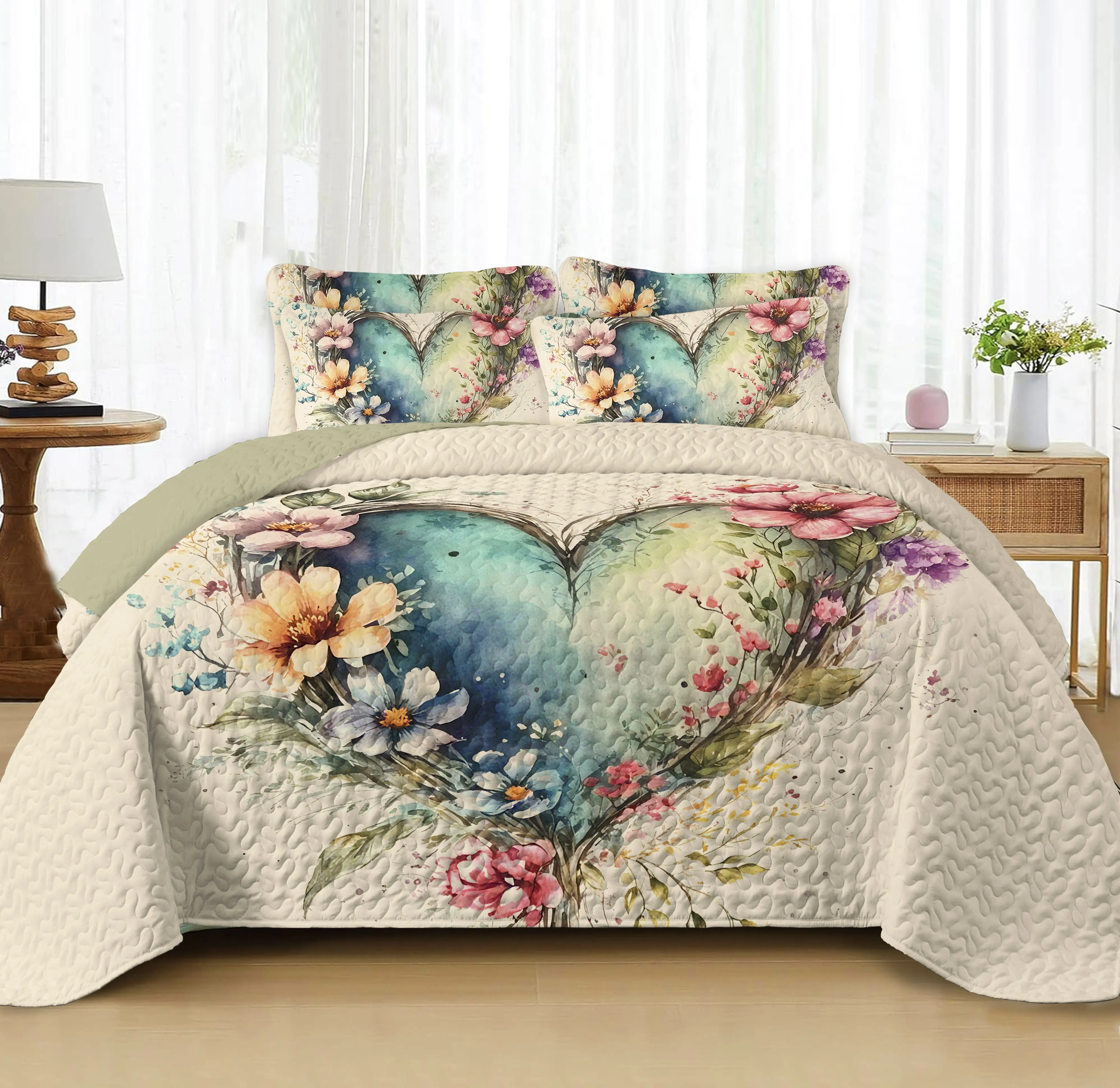 Watercolor-Heart Floral Coverlet Bedding Set (2pcs/3pcs), Soft Quilted Bedspread, Flat Weave, Durable Lightweight Breathable All-Seasons, Machine-Washable Fade-Resistant for Bedroom Reset & Bedding Sets Collections