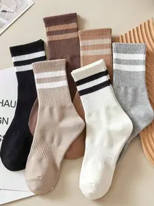6 Pairs Multi-Color Striped Mid-Calf Socks, Lightweight Breathable Odor-Resistant, Casual Athletic Activewear Sportswear Fitted Daily Socks for All Seasons Wear