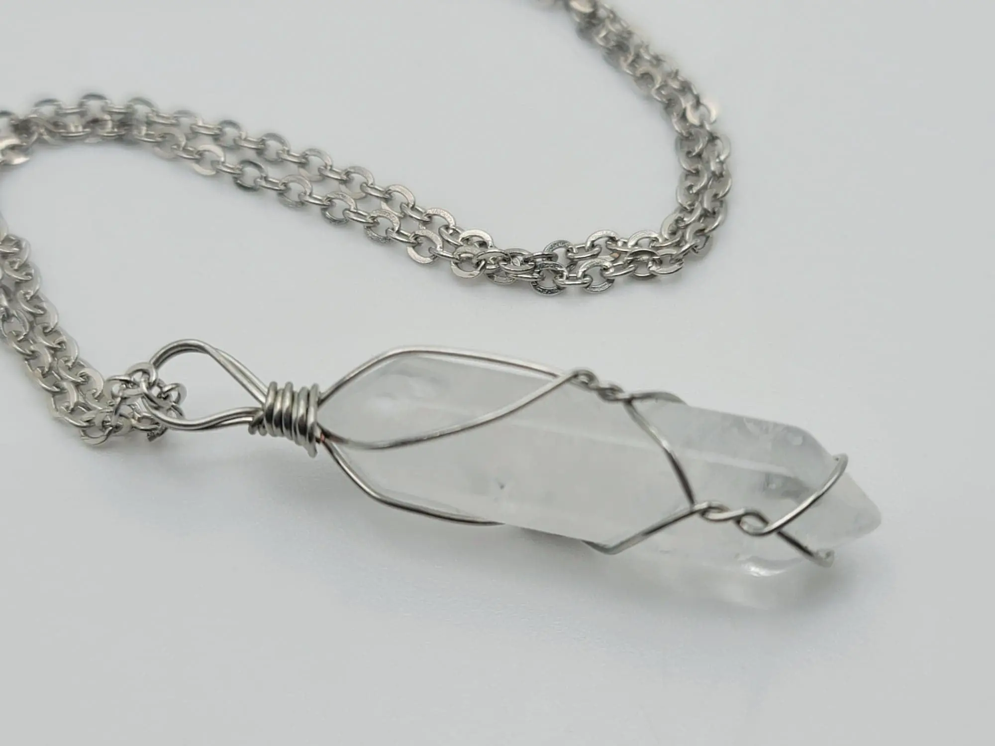 Elegant Wire wrapped Clear Quartz Necklace - 18 Inches, Silver Tone Clear Quartz Jewelry | Crystal necklace