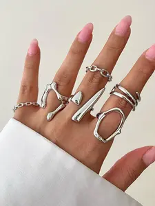 Vintage Style Geometric Metal Rings Set, Statement Rings, Unique Hollow Chain Design, Perfect Gift Choice, Elegant Jewelry Collection