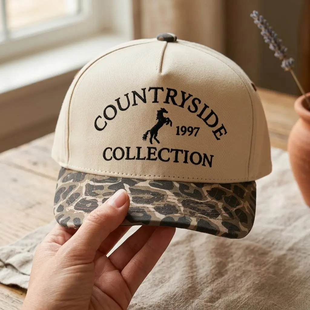 Trucker Hat Embroidered Countryside Horse Baseball Cap Vintage Retro 1997 Collection Leopard Print Hat Western Aesthetic Cream Women Men