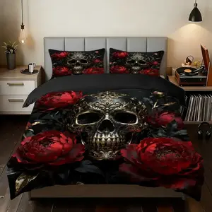 2/3 Pcs Skeleton Rose Dark Night Beauty Digital Printed Quilt Cover Set(1 Quilt Cover+1/2 Pillowcase, No Inner Core), Bedding Set, Duvet Cover, 100% Polyester Fiber, Suitable For All Seasons, Machine Washable, Bed Sets Supplies