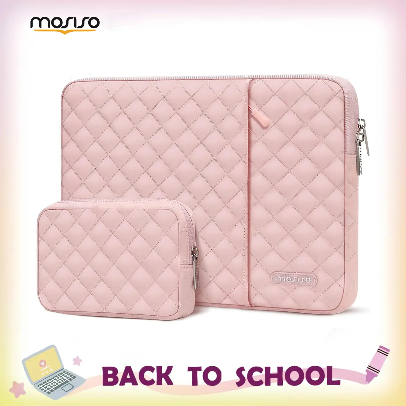 MOSISO 13-16 Inch Laptop Sleeve Case with Accessory Pouch, Square Quilted Vertical Computer Bag with Front Zipper Pocket, Slim Lightweight Protective Laptop Cover for Women and Men, MacBook HP Dell Lenovo ASUS Acer, Polyester Fits, 13-13.3 Inch