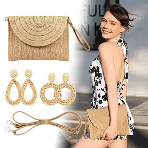 3pcs Woven Single Shoulder Crossbody Bag, Khaki Woven Straw Bag with Adjustable Shoulder Strap and 2 Pairs Rattan Earrings, Fashionable Boho Purse, Summer Beach Bag, Women'S Envelope Bag, Perfect for Beach, Vacation, or Evening Out, Beach Purse Summervibe