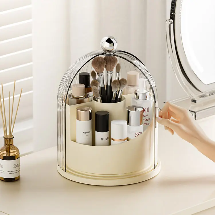 Rotating Makeup Brush Holder with Dustproof Lid - Birdcage Design Cosmetic Organizer for Vanity, 360° Spinning Acrylic Makeup Storage Display Case for Brushes Lipsticks Skincare