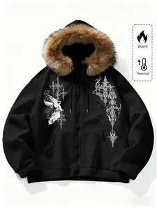 Unisex Y2K Gothic Angel Print Hooded Jacket, Fleece Lined, Zipper Design, Streetwear, Pockets, Casual, Street Fashion, Warm and Stylish, Outdoor and Daily,Couple outfits, warm clothing, gothic style, Y2K style Wear, Gothic Hoodie
