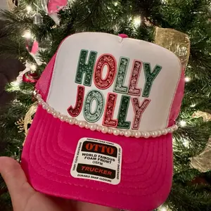 Otto Pink Holly Jolly Trucker Hat with Pearl Trim and Durable Snap Closure for Festive Christmas Wear