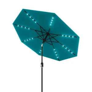 9FT Patio Market Umbrella with 32 Solar Powered LED Lights - 8 Ribs, Tilt & Crank, UV-Resistant, Waterproof - Outdoor Garden, Pool, Deck, Backyard, Table Use – Tan/Beige/Navy Blue  Multiple Colors