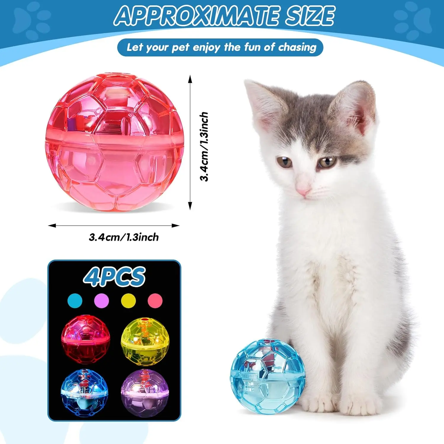 4 Pack LED Cat Balls, Motion Activated Interactive Cat Toys, Light Up Rolling Ball Toy for Indoor Cats & Kittens, Automatic Chase Exercise Hunting Toy