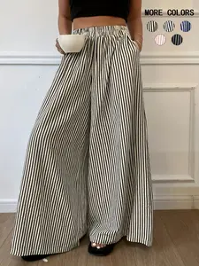 Valentine's Day Women's Striped Print Elastic Waist Wide Leg Pants, Casual Comfy Pocket Trousers for Daily Wear, Ladies Bottoms for All Seasons