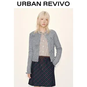 URBAN REVIVO Women's Elegant Long-Sleeve Bow-Embellished Knitting Cardigan, Casual Chic Clothes, UYY950139