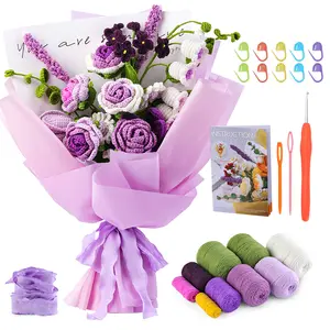 Harxvto Crochet Flower Bouquet , Crochet Starter Kit for Beginners with Step-by-Step Video Tutorials ,Handicraft Yarn Handmade Gifts for Valentine’s Day, Birthday, Mother’s Day, Fake Flower (Purple Rose)