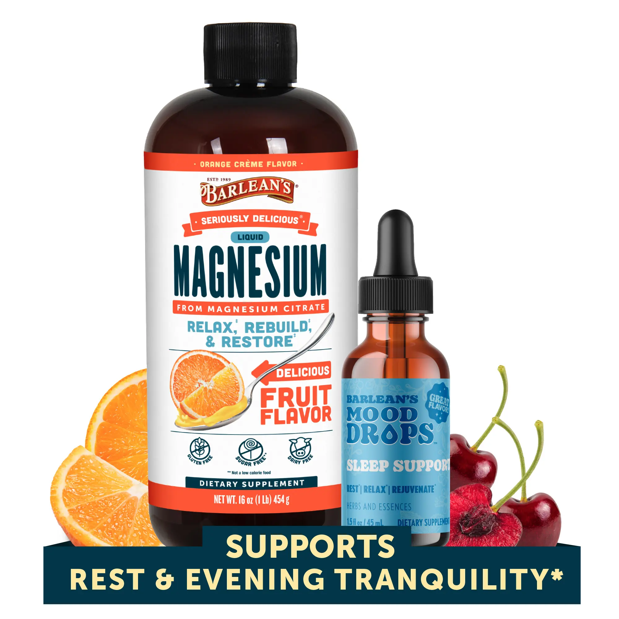 Barlean's Seriously Delicious Magnesium (16 fl.oz) + Mood Sleep Drops (1.5 fl.oz) Bundle - Stress Relief & Sleep Recovery Duo – Liquid Magnesium Citrate for Muscle & Daily Wellness Support + Mood Drops for Faster, Deeper, More Restorative Sleep