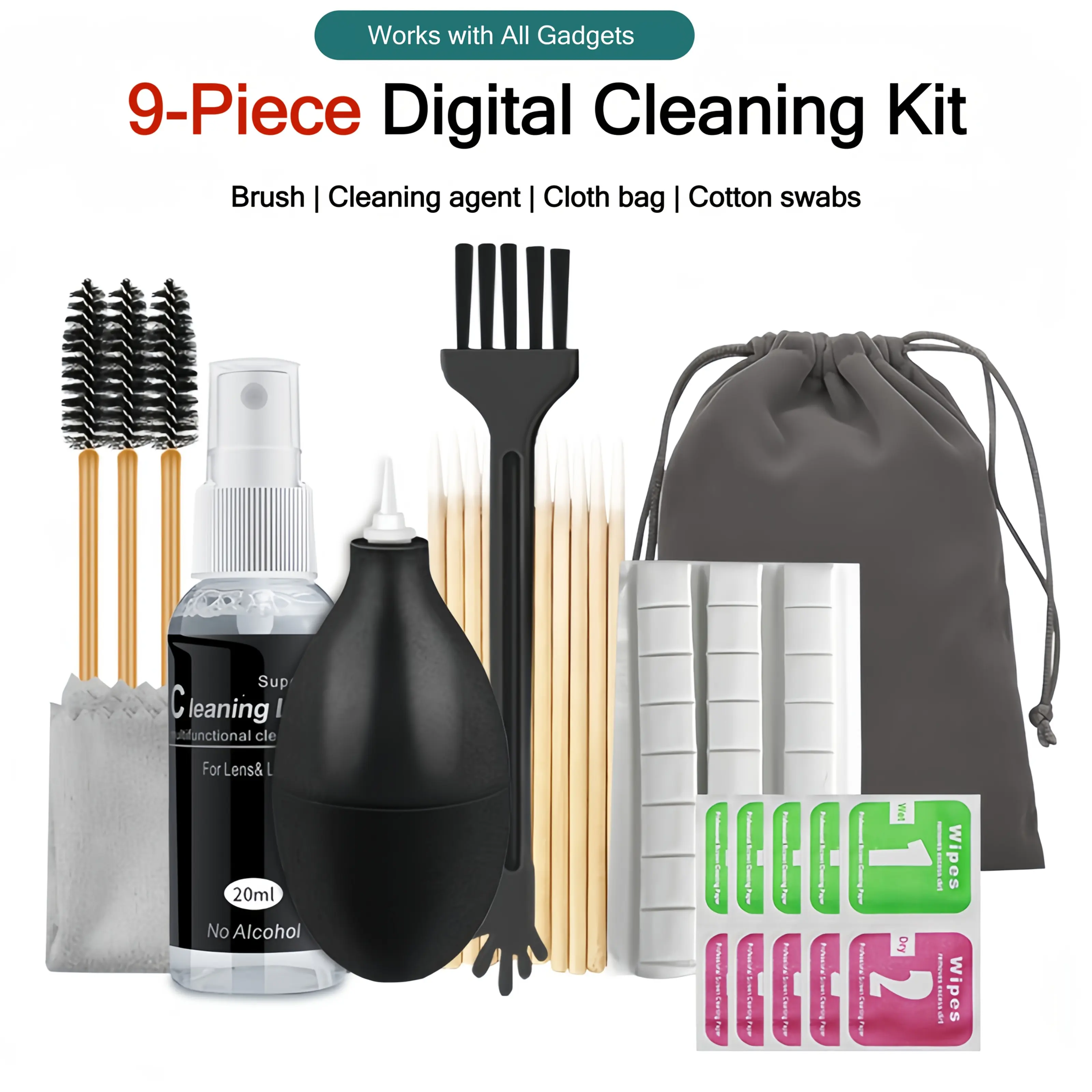 9-Piece Professional Digital Cleaning Kit with Storage Bag - Cotton Swabs, Cleaning Solution, Cloth, Alcohol Wipes, Brushes, Air Blower - for Phones, Cameras, Smart Devices