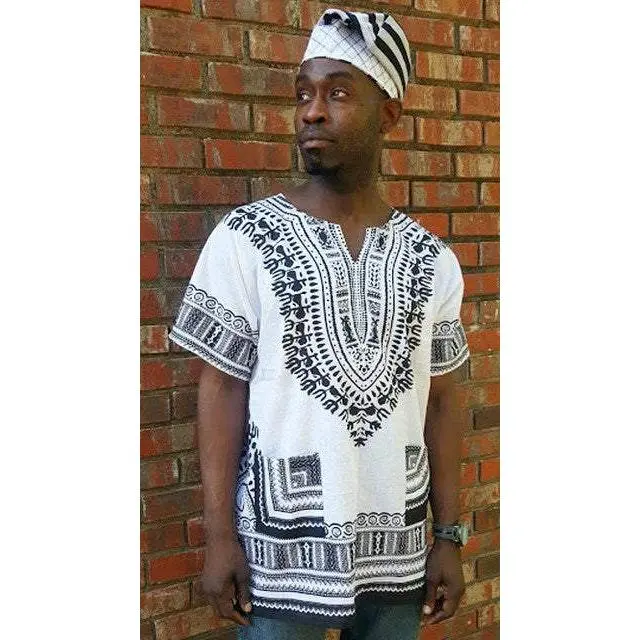 White and Black Traditional African Print Dashiki Shirt-DP3830M