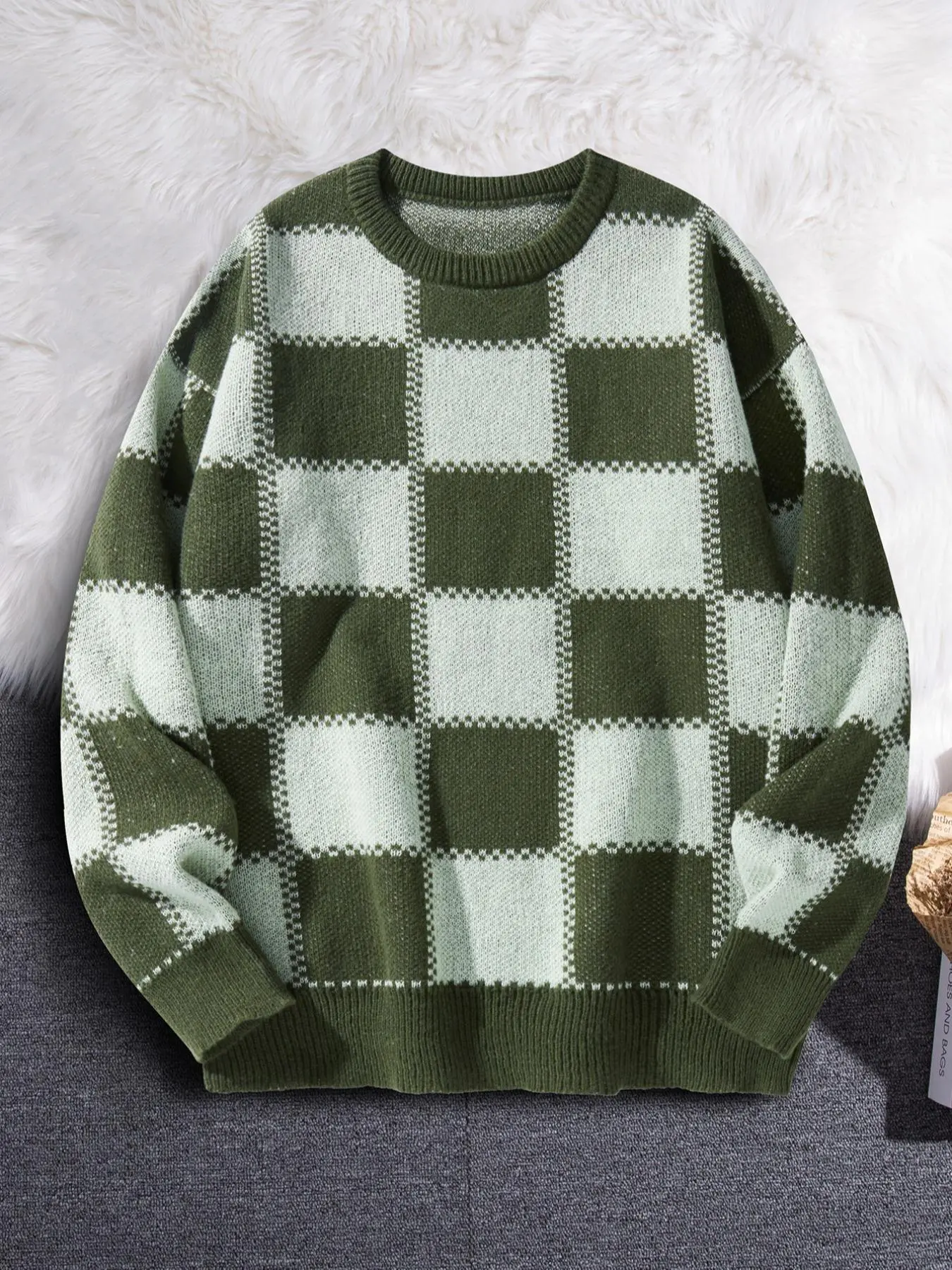 Men's Check Print Plaid Sweater, Regular Fit Casual Fashion Long Sleeve Round Neck Jumper for Fall & Winter, Men's Knitwear for Daily Wear, Cozy Winter Outfits, Checkered