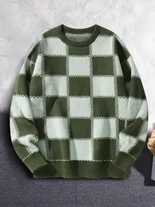 Men's Check Print Plaid Sweater, Regular Fit Casual Fashion Long Sleeve Round Neck Jumper for Fall & Winter, Men's Knitwear for Daily Wear, Cozy Winter Outfits, Checkered