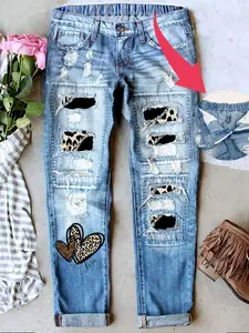 Women's Patch Ripped Distressed Mid-Waist Boyfriend Fit Washed Cute Heart Print Loose Denim Jeans Elastic Waistband Breathable Comfy for All Seasons