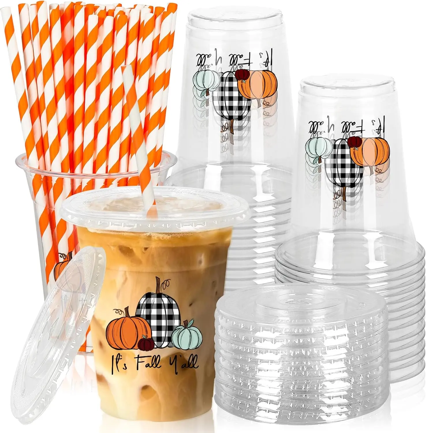 50 count Fall Plastic Cups with  and Straws Black White Plaid Pumpkin Clear Plastic Cups 12oz Pumpkin Disposable Cups for Autumn Thanksgiving Party Supplies
