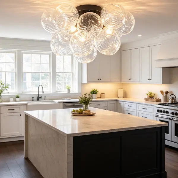 Modern Glass Globe Ceiling Light, Semi Flush Mount Chandelier with Clear Swirl Glass Shades for Kitchen, Dining Room, Living Room, Bedroom