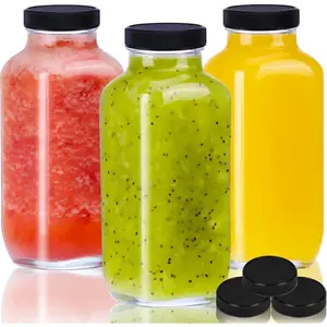 16oz Glass Bottles with Lids, Reusable Square Beverage Containers, Drinking Jars for Juice Tea Milkshake Water Honey Jam (3 Pack)