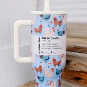 Spring Chicken Tumbler - Floral Design with Chickens in Blue & Pink, Ideal for Beverage, Ideal for Springtime Use - Bottle, Drinkware